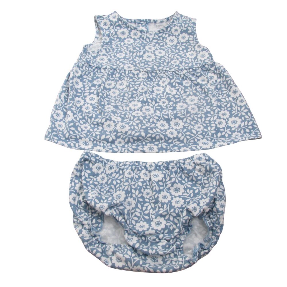 Carters 2 Pc Sleeveless‎ Shirt Bloomer Outfit Girls 24M Blue Floral Pullover